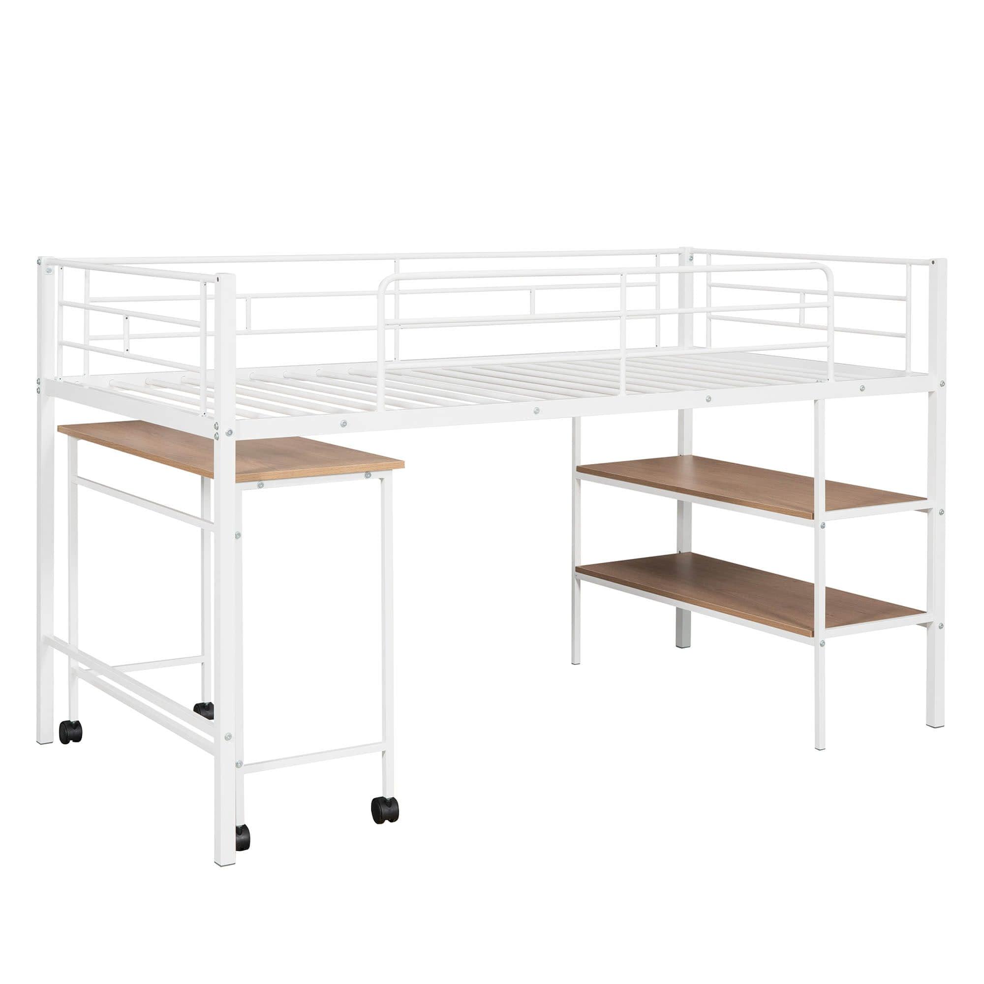 Metal Low Twin Loft Bed with Desk and Storage Shelves for Kids