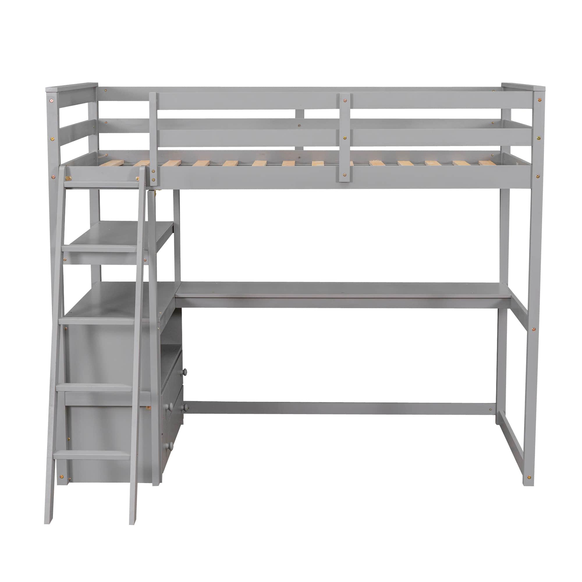 Twin Loft Bed with Desk and Storage Drawers, Shelves for Adult, Kids, Jr - [Wood]