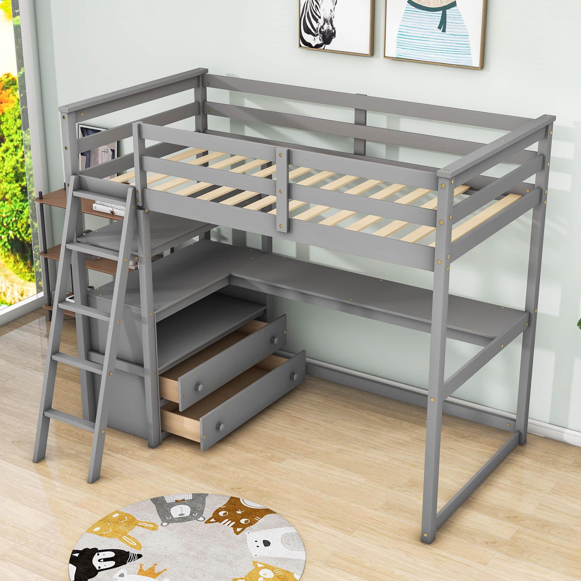 Twin Loft Bed with Desk and Storage Drawers, Shelves for Adult, Kids, Jr - [Wood]