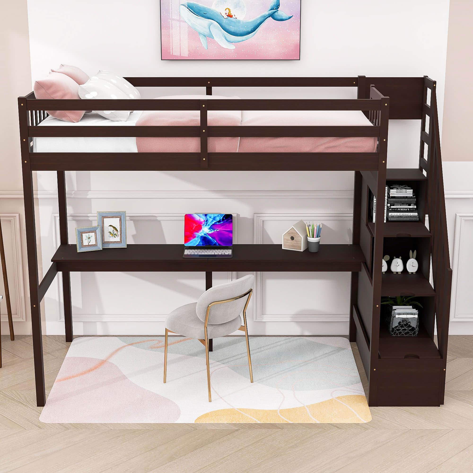 Twin Loft Bed with Desk and Storage Stairs for Adults, Kids, Teens