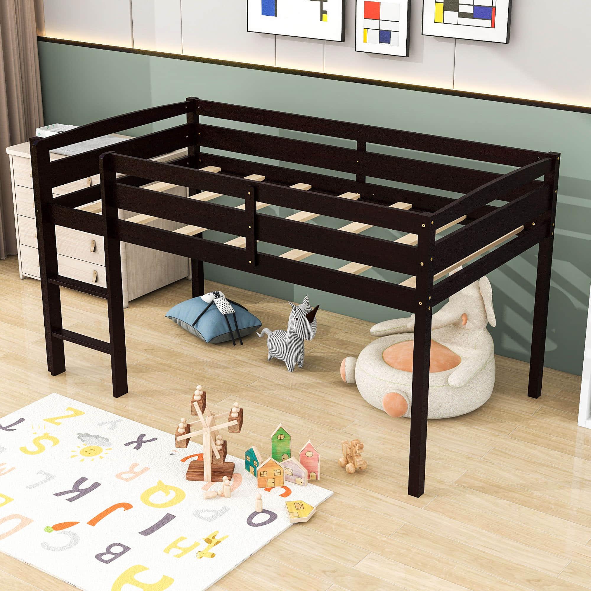 Wood Low Kids Twin Space Saving Loft Bed for Small Rooms