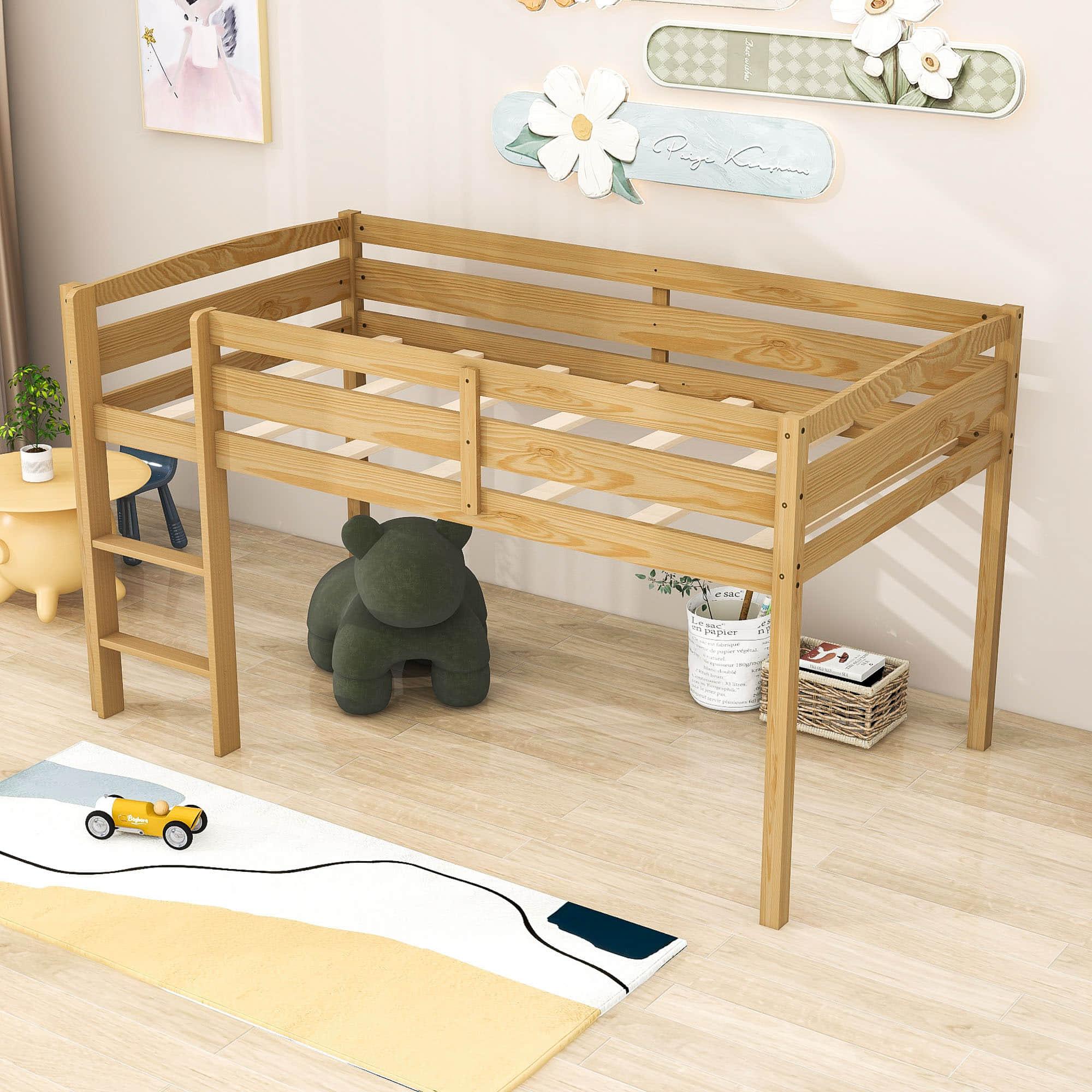 Wood Low Kids Twin Space Saving Loft Bed for Small Rooms