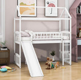 Twin Size Low House Loft Bed with Slide for Kids - [Wood]