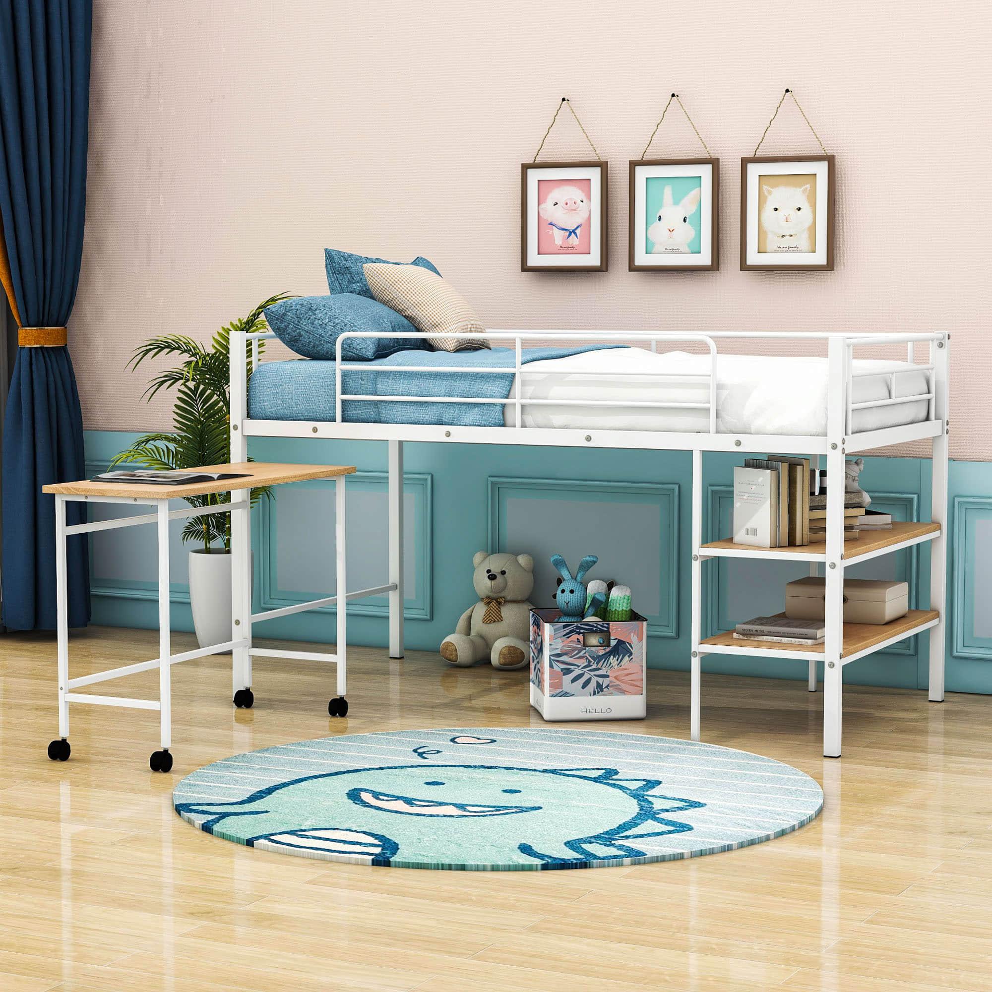 Metal Low Twin Loft Bed with Desk and Storage Shelves for Kids