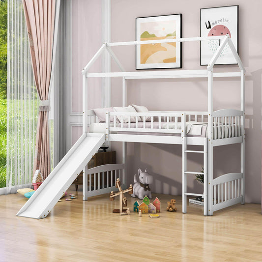 Twin Size Low House Loft Bed with Slide for Kids - [Wood]