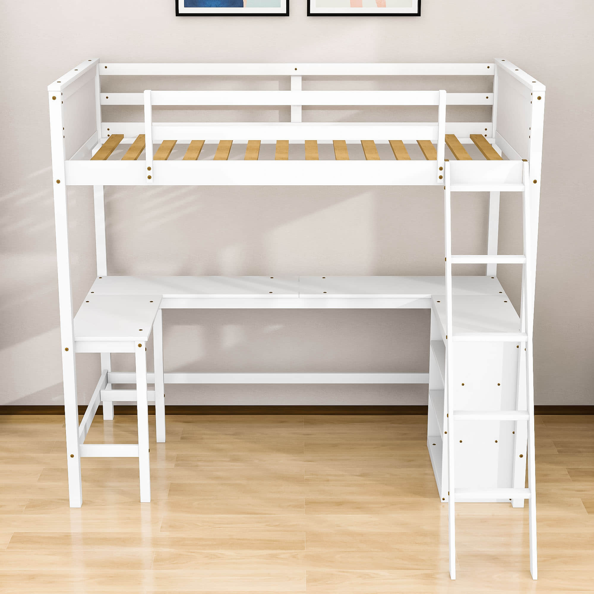 Wood Twin Size Loft Bed with Desk and Storage Shelves for Kids, Adult