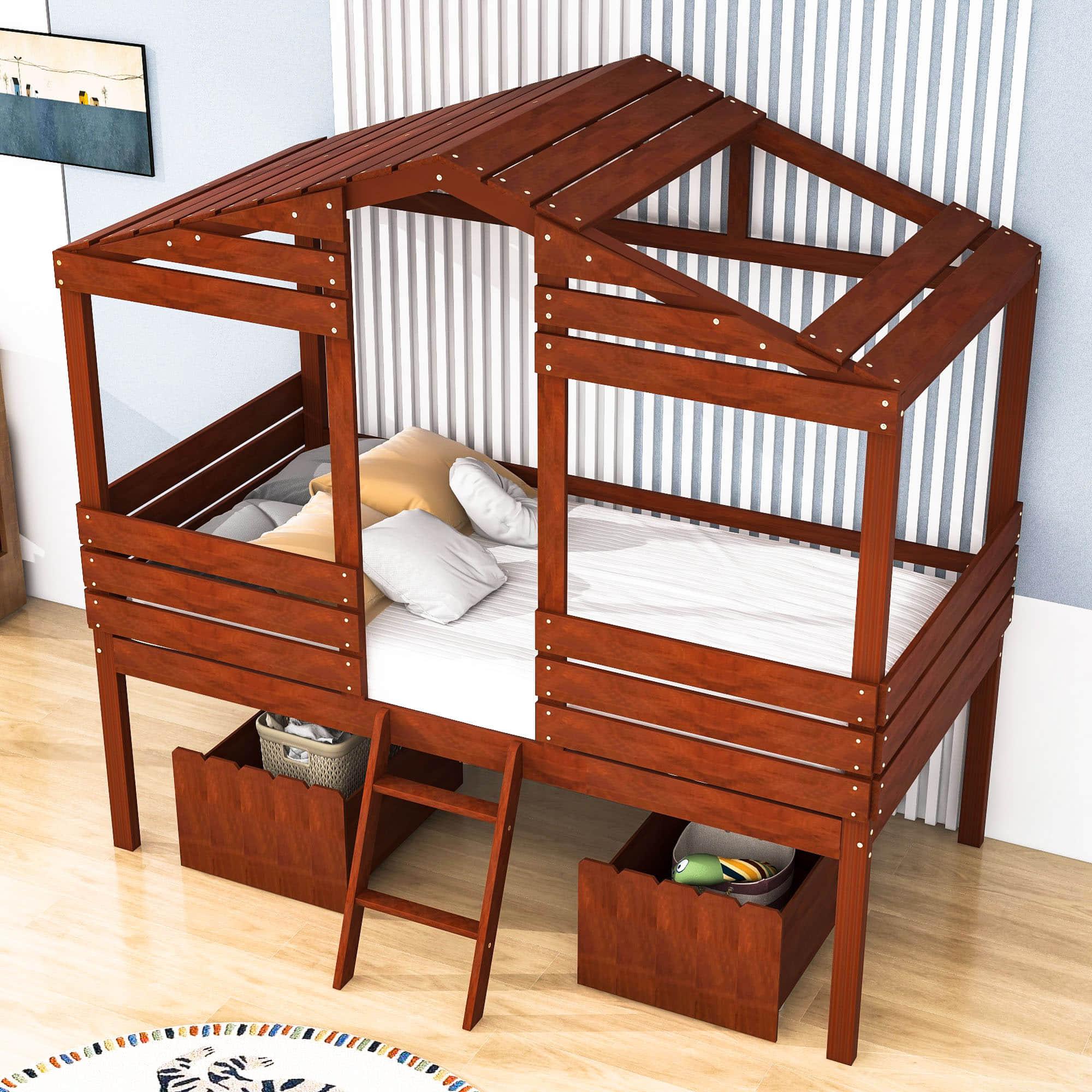 Twin Low Loft FarmHouse Bed with Storage Drawers for Kids - [Wood]