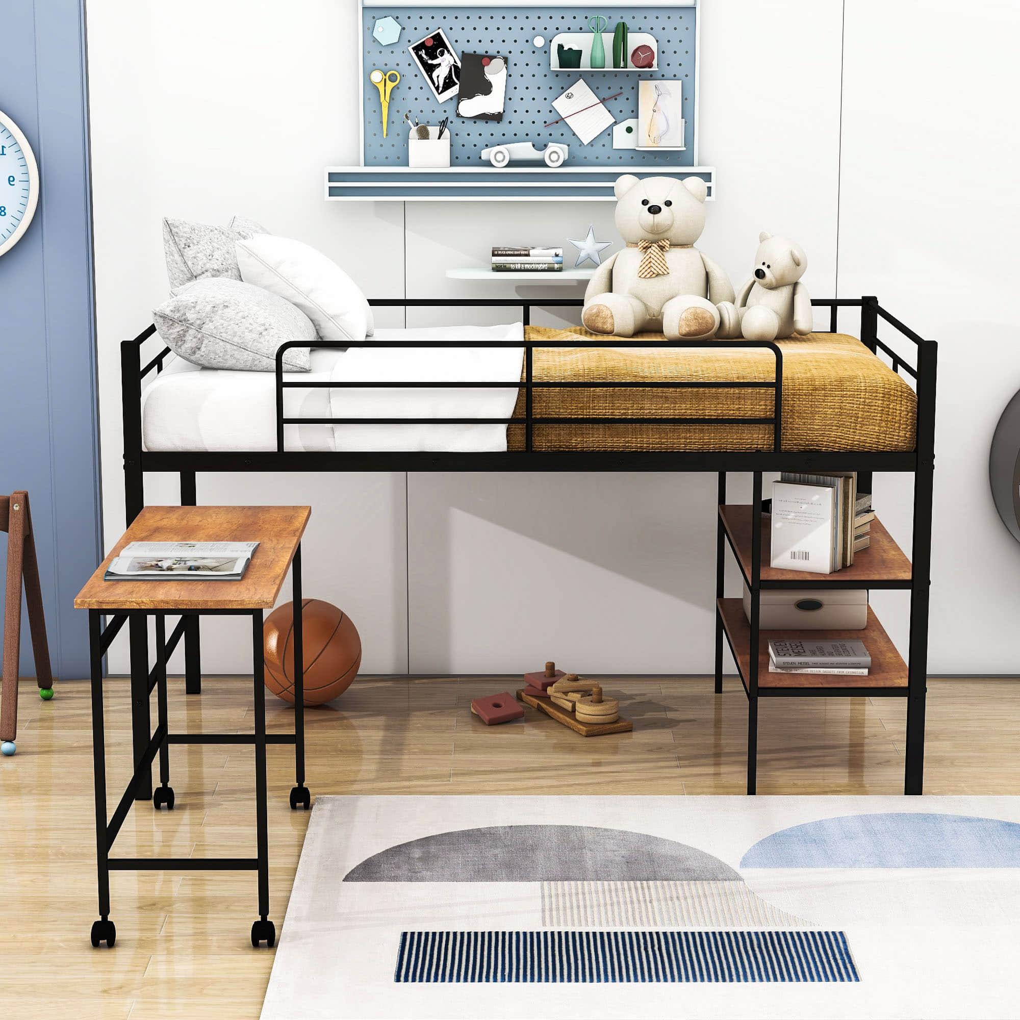 Metal Low Twin Loft Bed with Desk and Storage Shelves for Kids