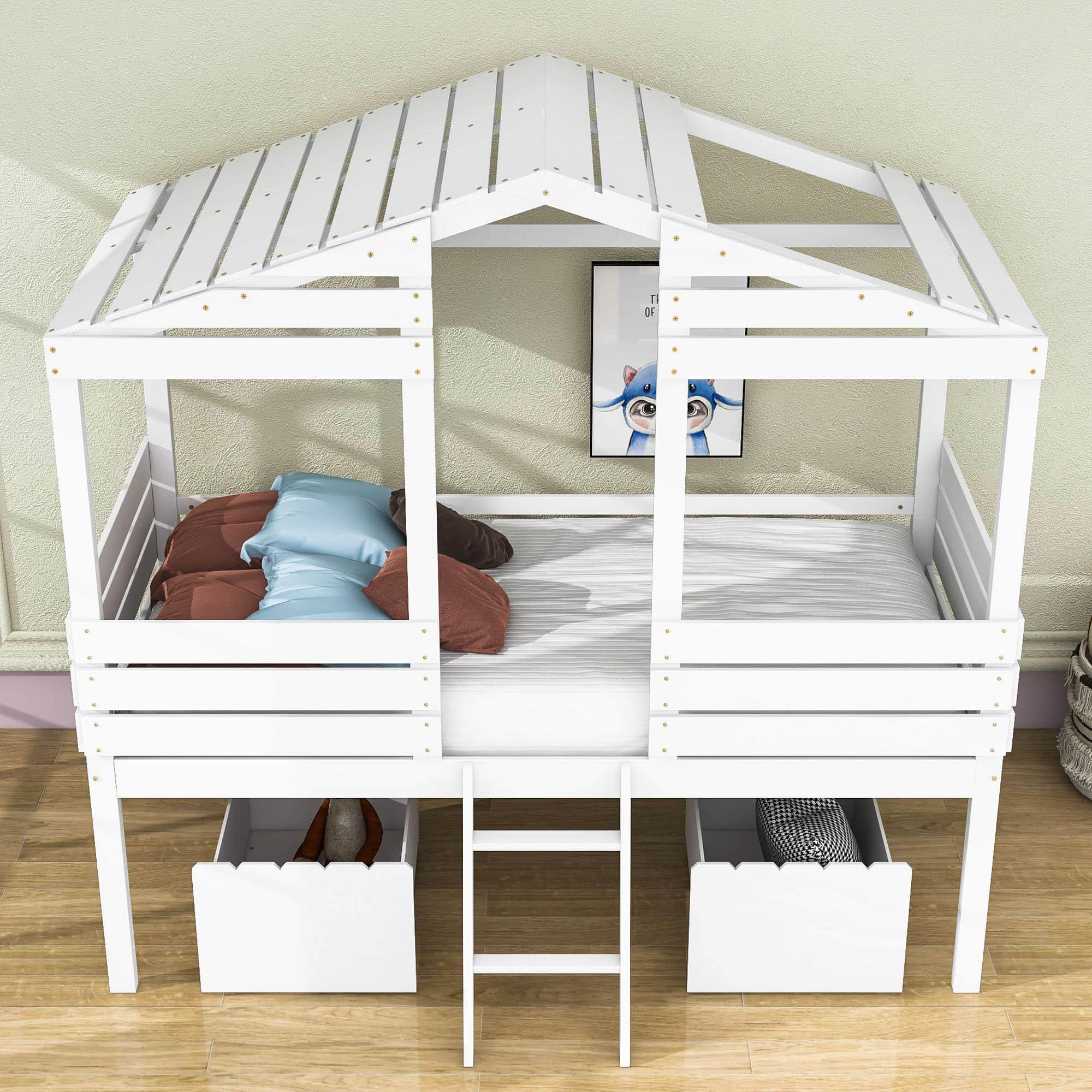 Twin Low Loft FarmHouse Bed with Storage Drawers for Kids - [Wood]