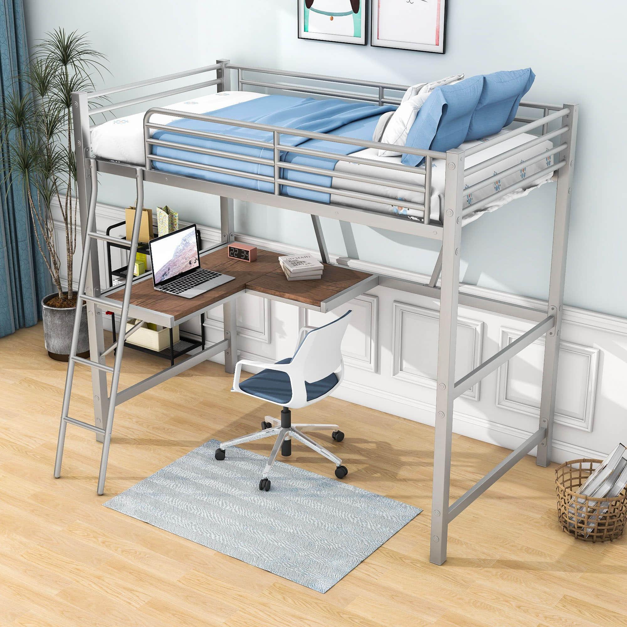 Metal Twin Loft Bed with Desk and Storage Shelf for Gamer, Adults