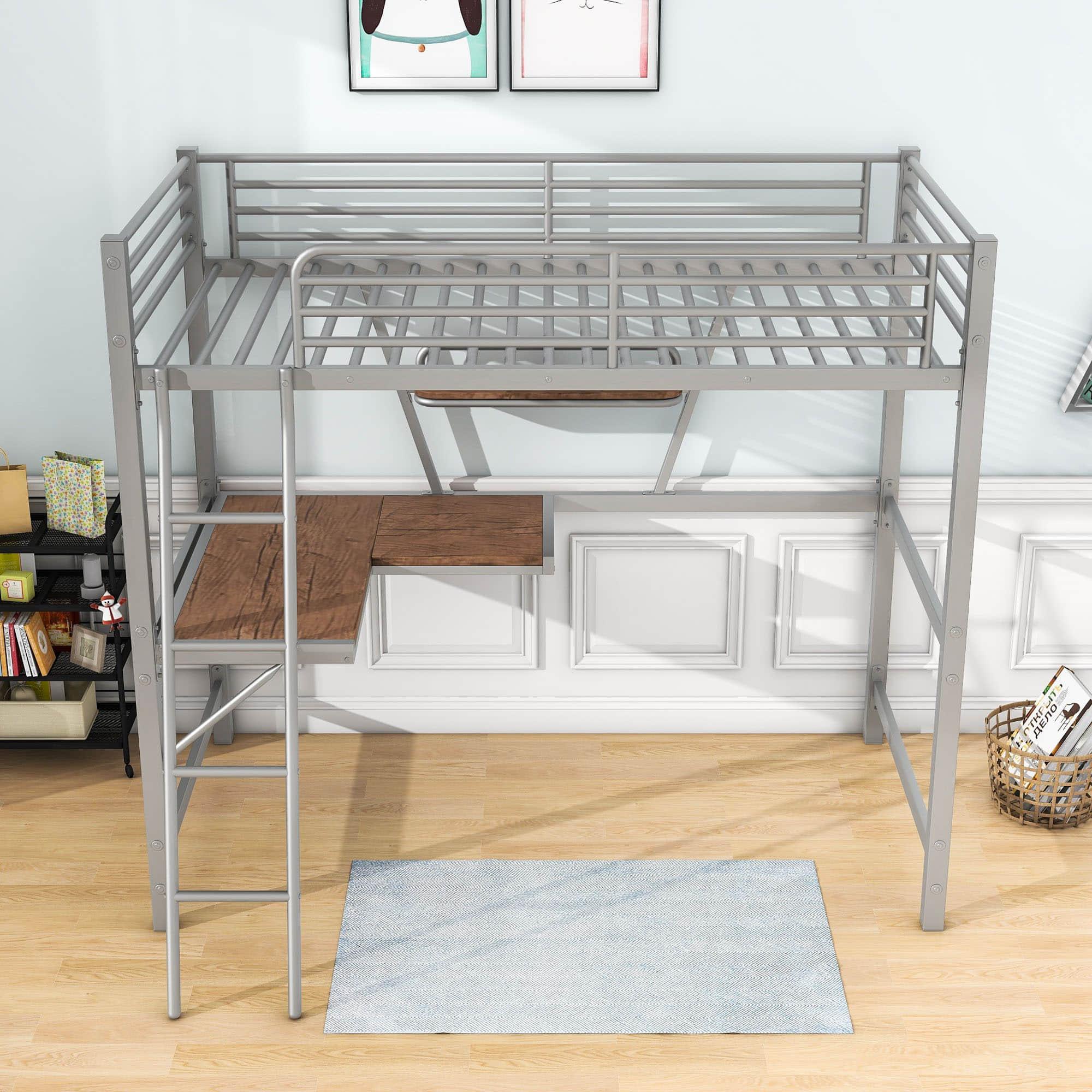 Metal Twin Loft Bed with Desk and Storage Shelf for Gamer, Adults