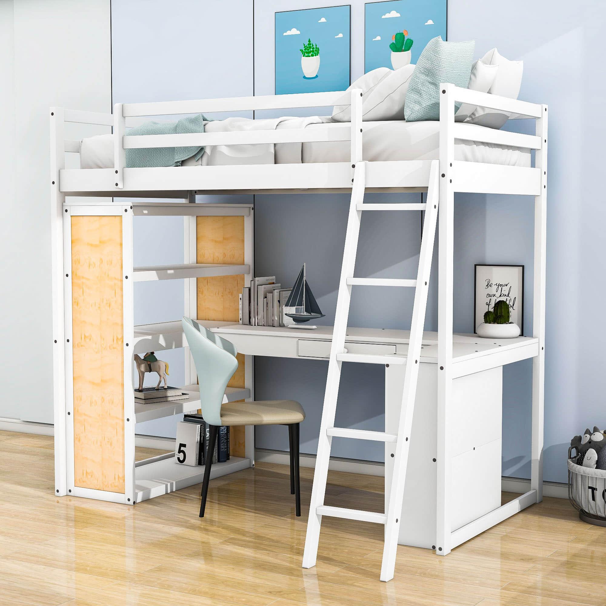 Twin Loft Bed with Desk and Storage Shelves for Adults, Teens