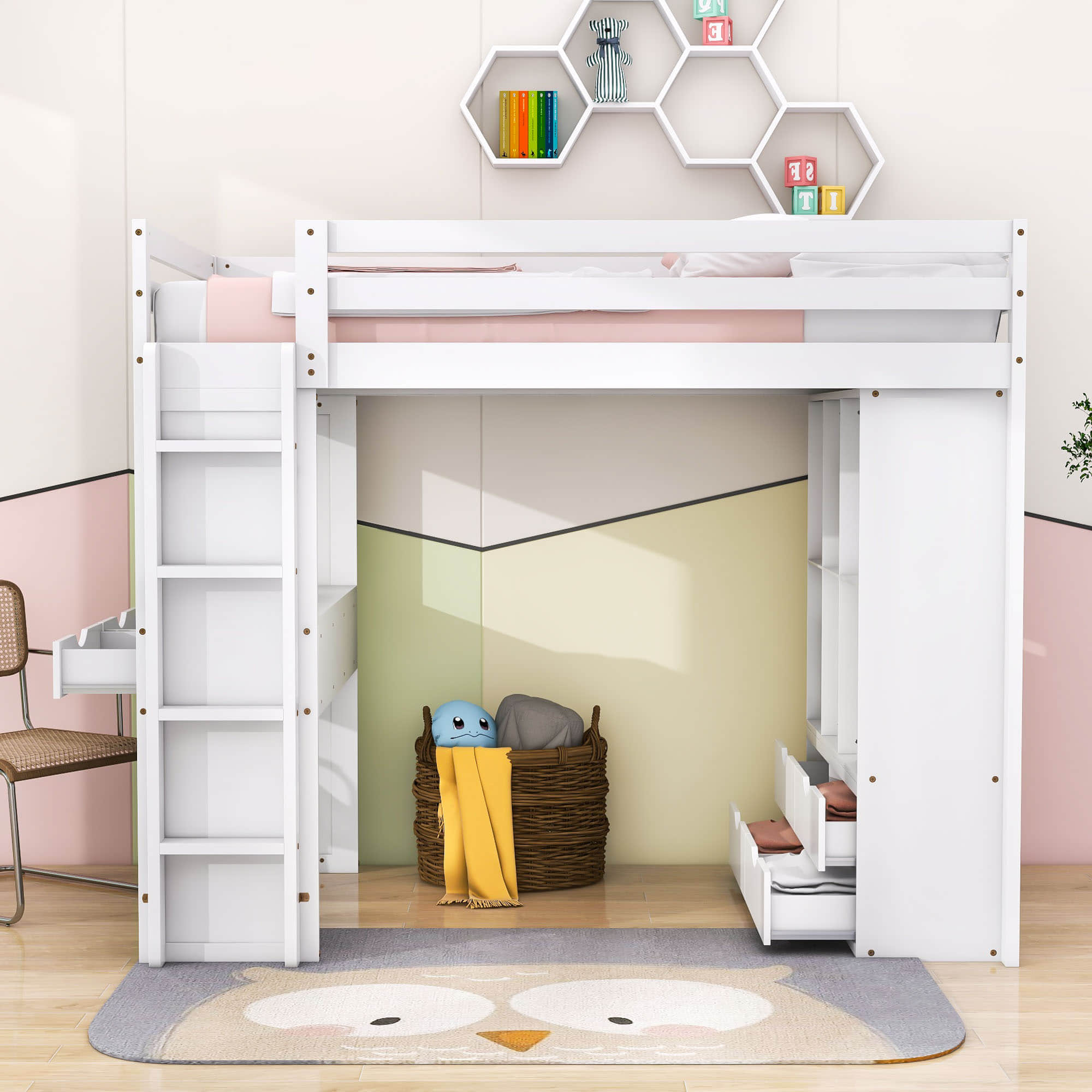 Modern Twin Loft Bed with Desk and Storage, LED Light for Adults, Teens