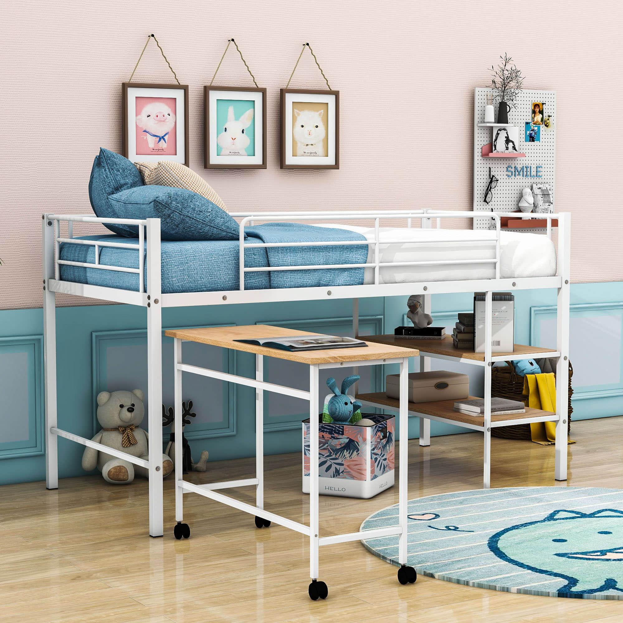 Metal Low Twin Loft Bed with Desk and Storage Shelves for Kids