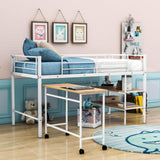 Metal Low Twin Loft Bed with Desk and Storage Shelves for Kids