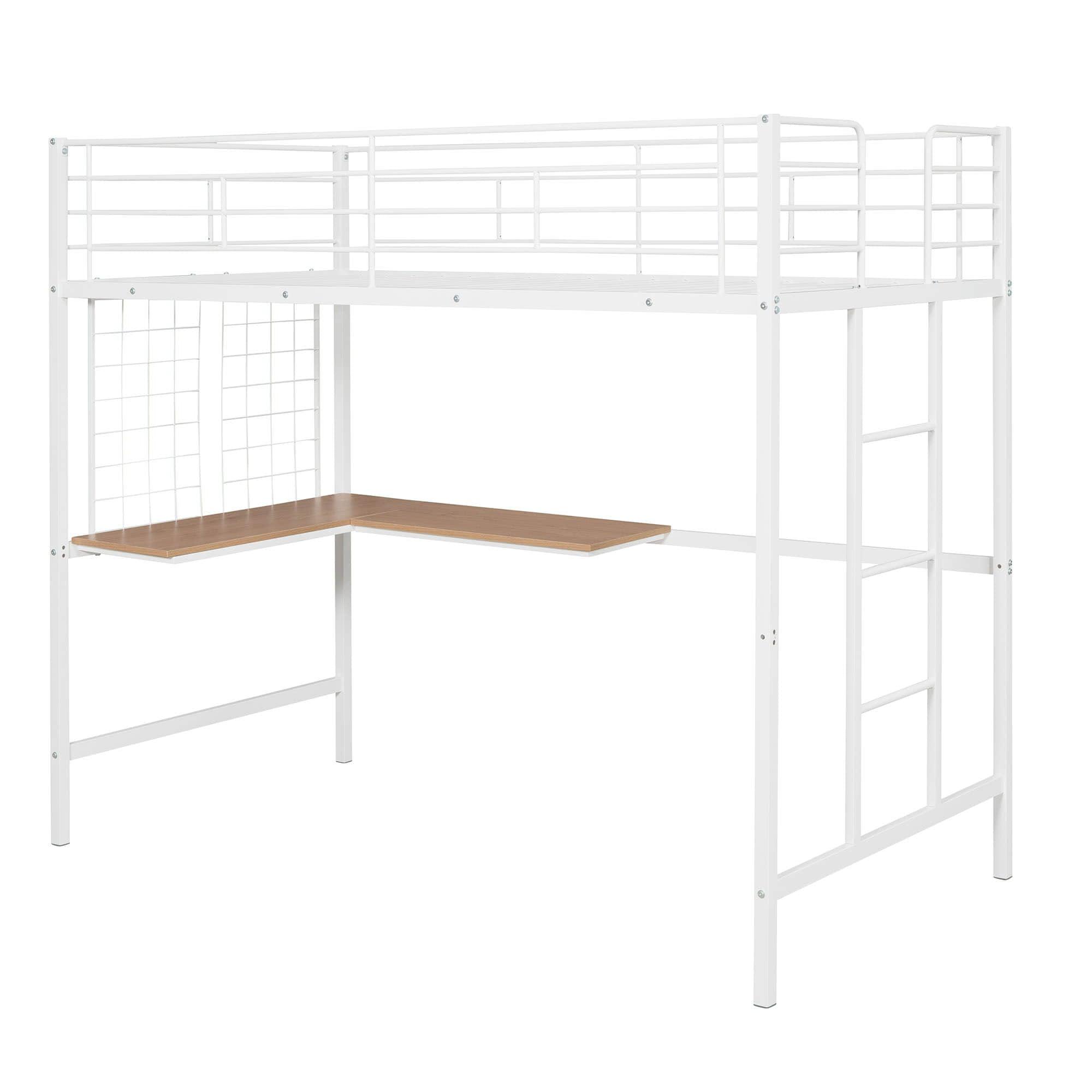 Twin Metal Loft Bed Frame with L-Shaped Desk and Grid