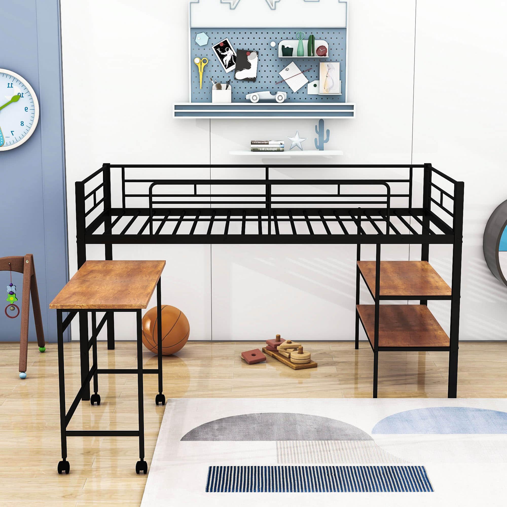 Metal Low Twin Loft Bed with Desk and Storage Shelves for Kids