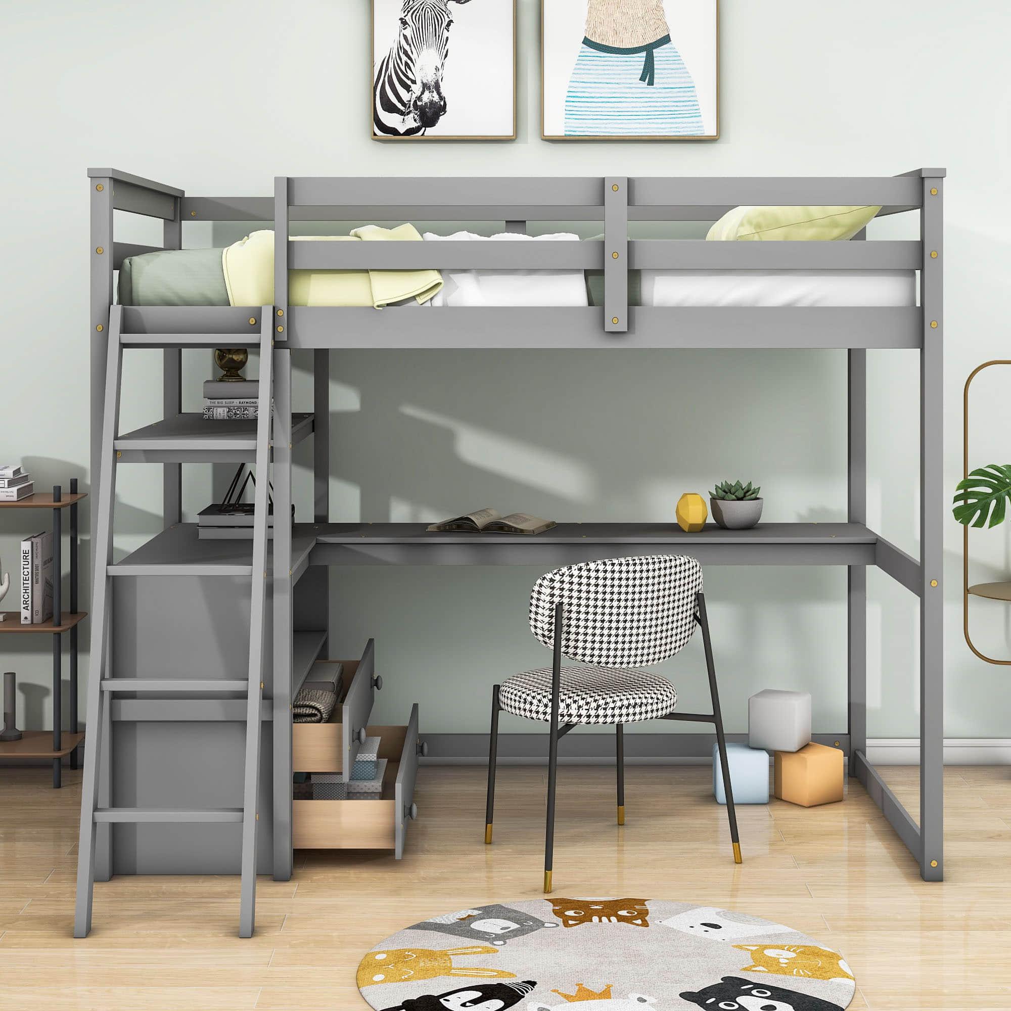 Twin Loft Bed with Desk and Storage Drawers, Shelves for Adult, Kids, Jr - [Wood]