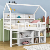 Low Kids Twin Loft House Bed with Storage Shelves - [Wooden]