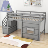 Wooden Low Twin Loft Bed with Storage Stairs for Kids, Toddler