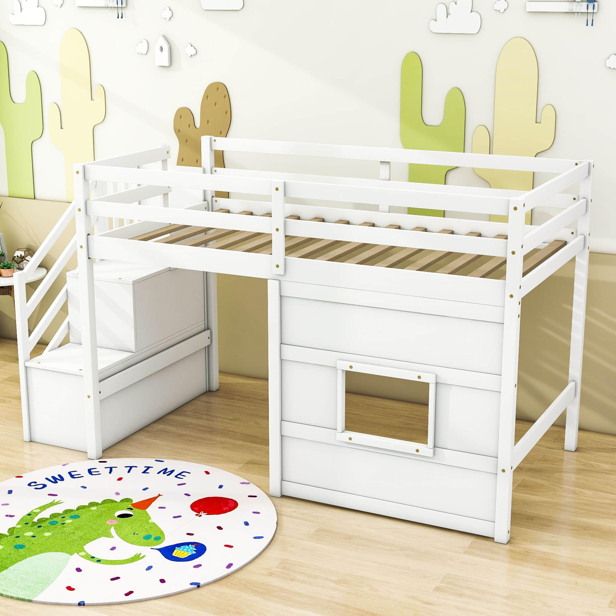 Wooden Low Twin Loft Bed with Storage Stairs for Kids, Toddler