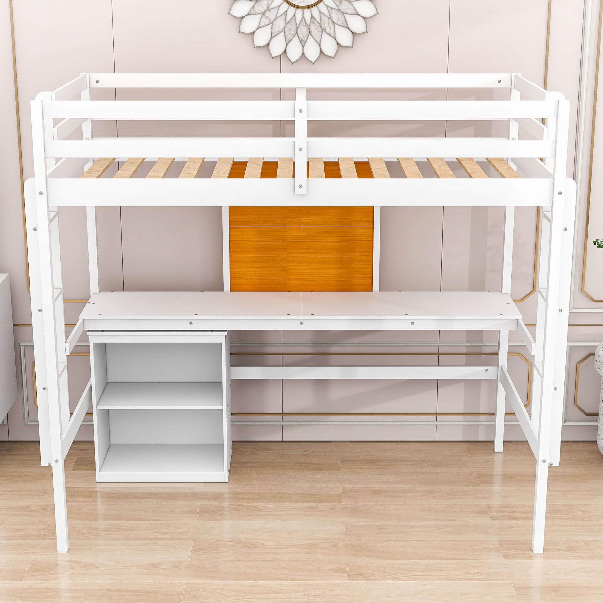 Wood Twin Loft Bed with Desk and Storage for Adults, Kids - [Cabinet]