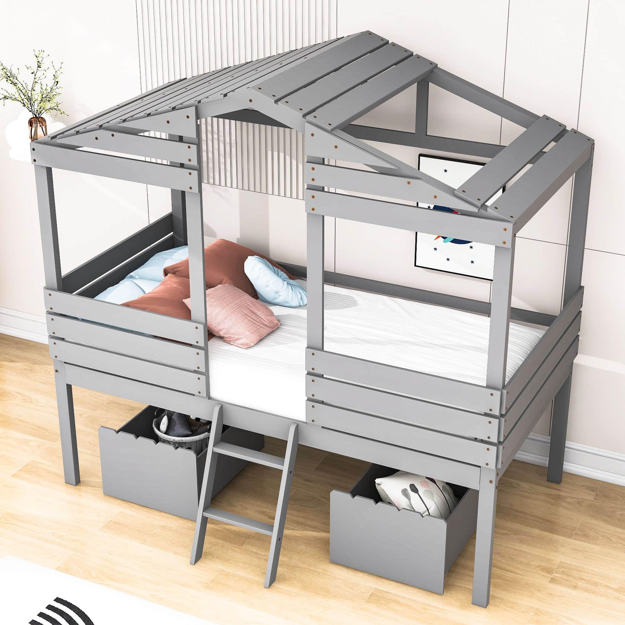 Twin Low Loft FarmHouse Bed with Storage Drawers for Kids - [Wood]