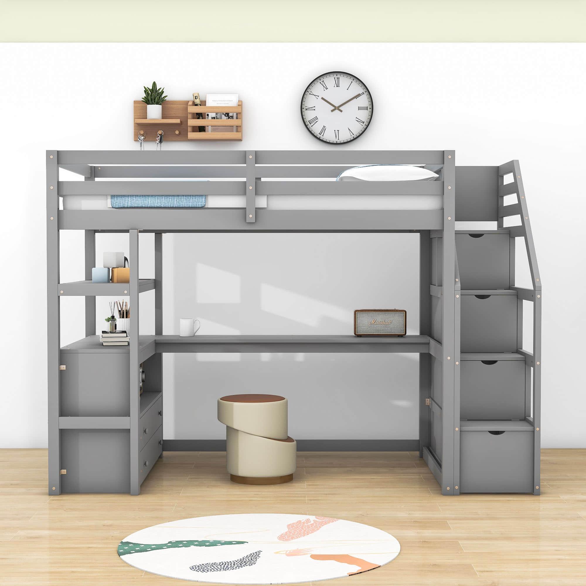 Twin Loft Bed with Desk and Stairs, Storage for Kids, Adults - [Wooden]