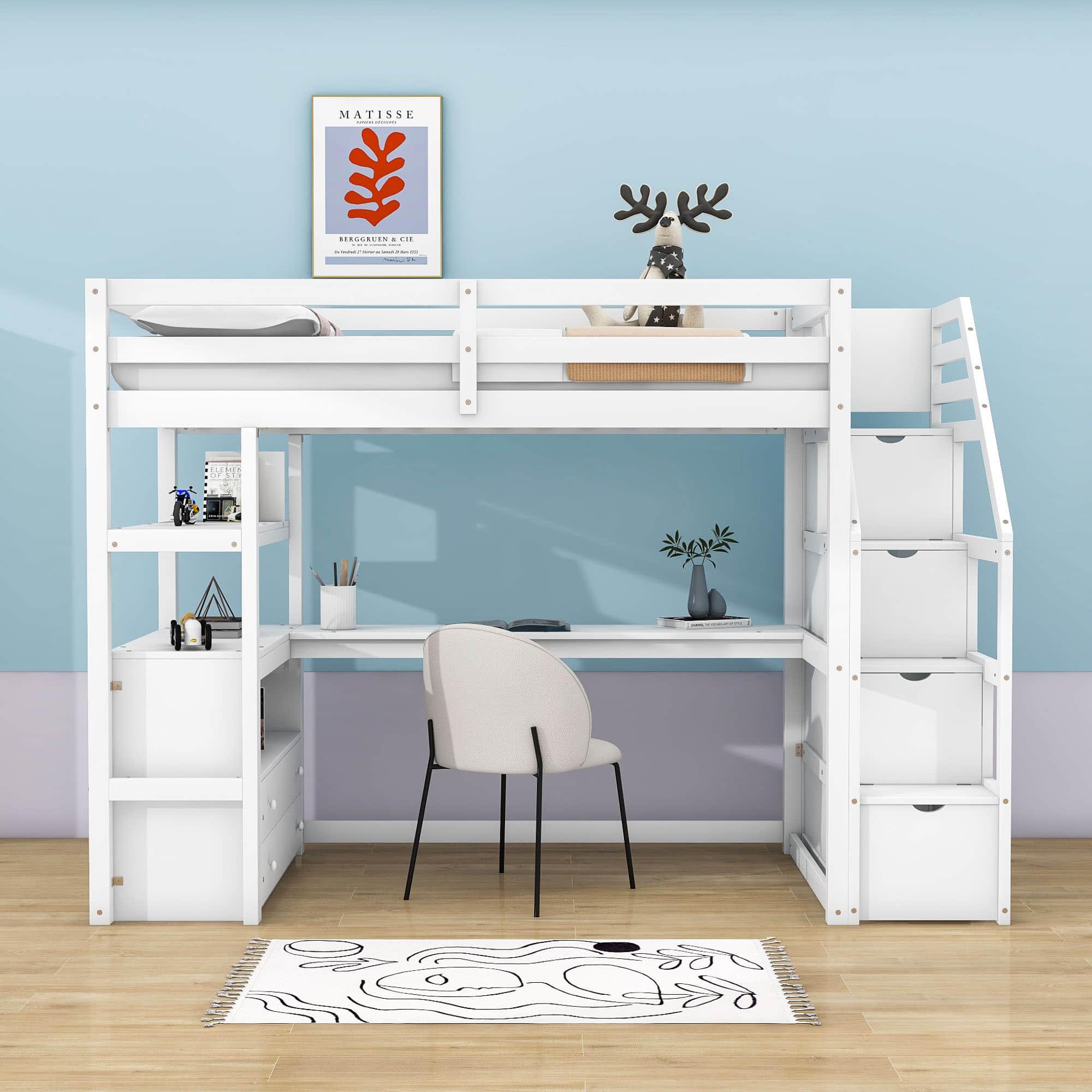 Twin Loft Bed with Desk and Stairs, Storage for Kids, Adults - [Wooden]