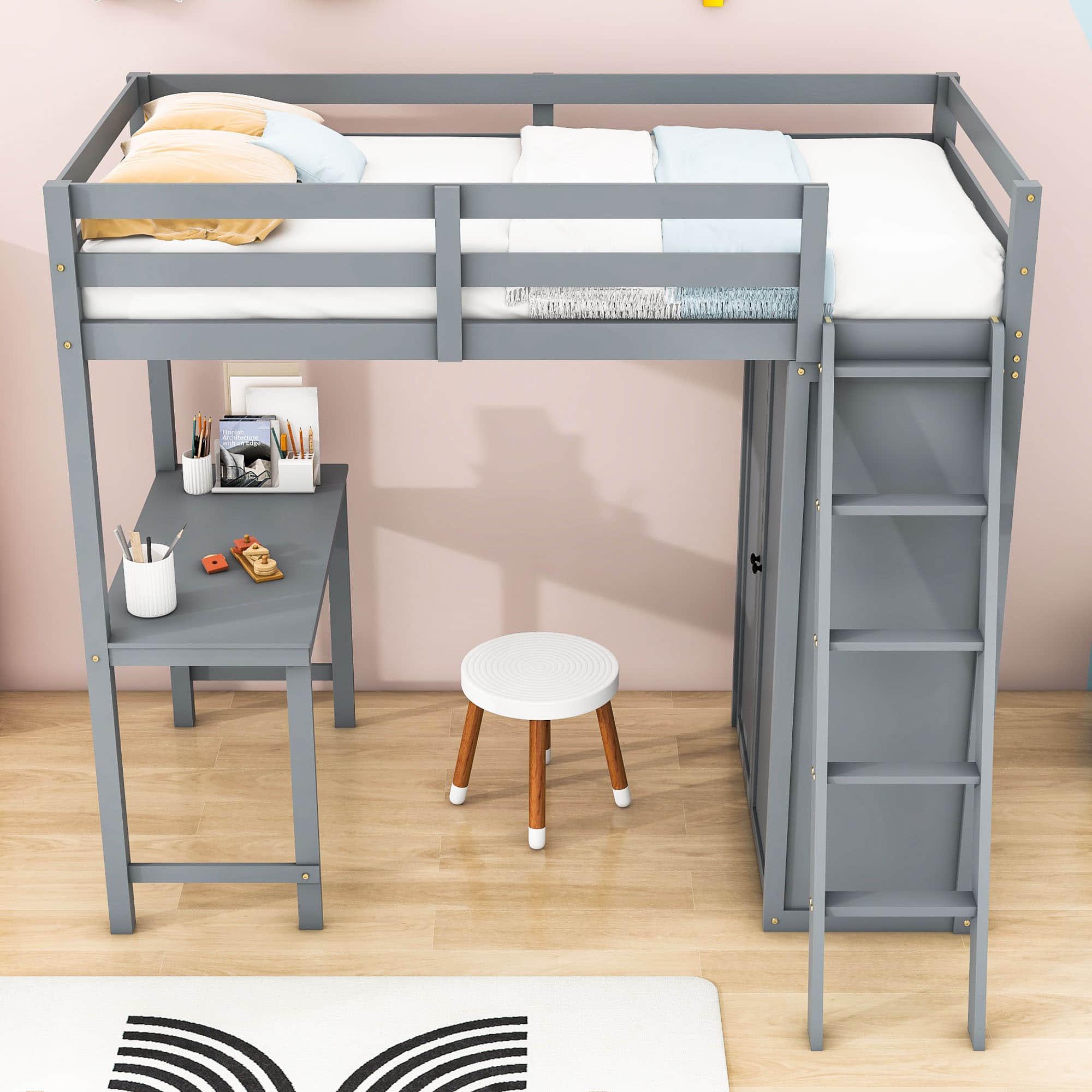 Wood Twin Loft Bed with Desk and Storage for Adults, Kids - [Wardrobe]