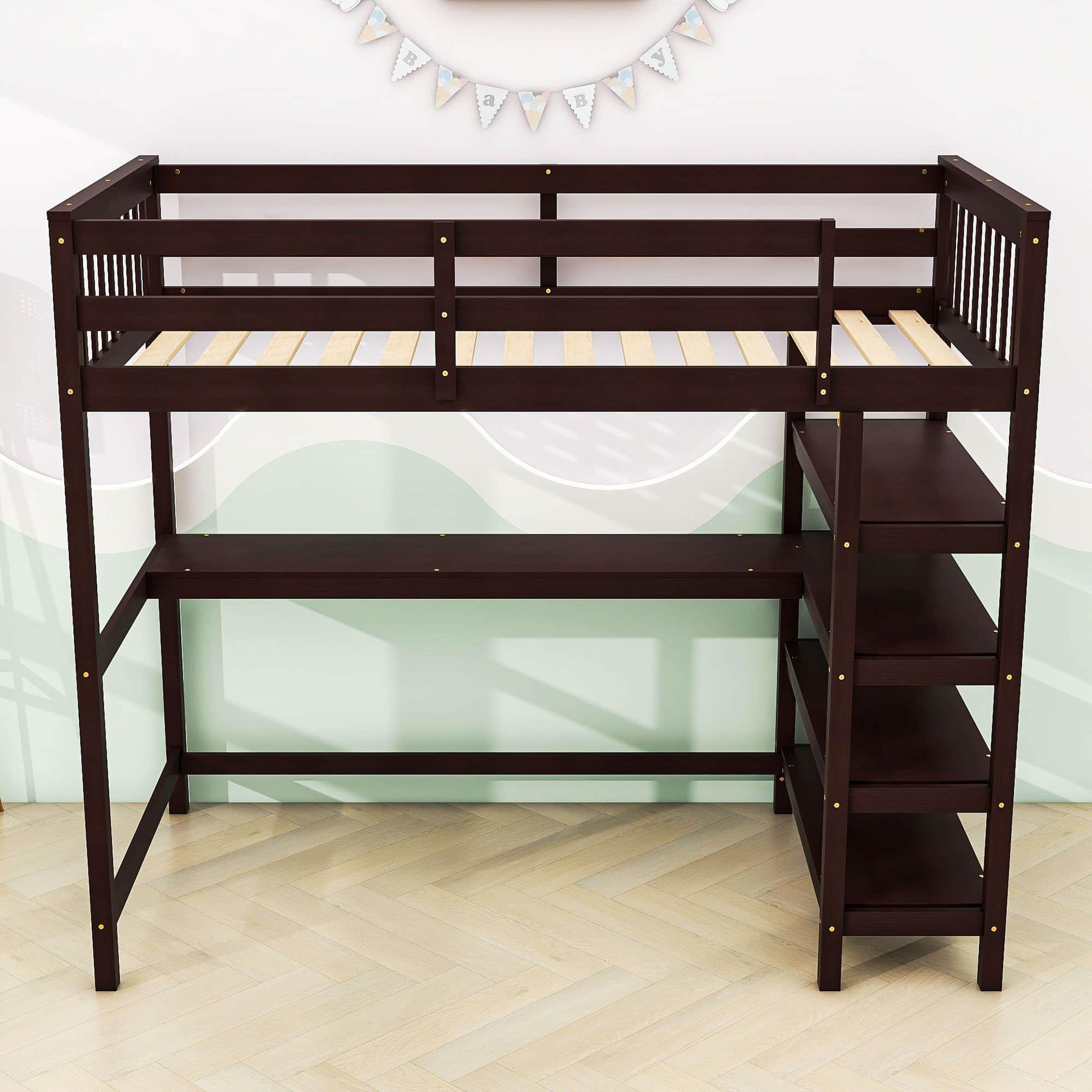 Wood Twin Loft Bed with Desk and Storage for Adults, Teens, Gamers