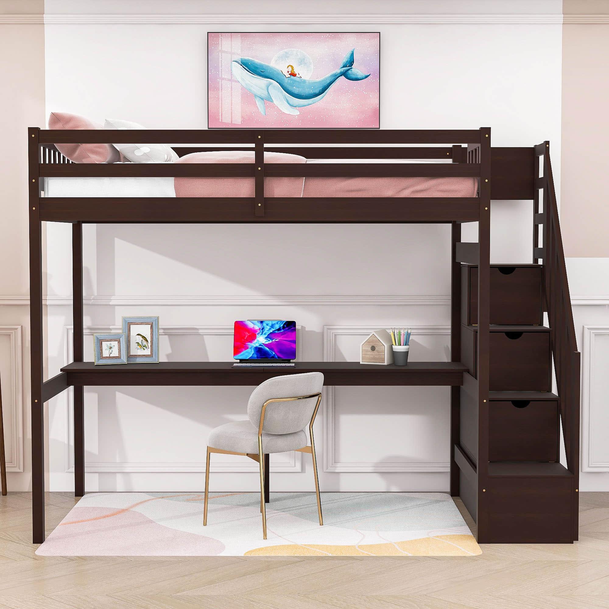 Twin Loft Bed with Desk and Storage Stairs for Adults, Kids, Teens