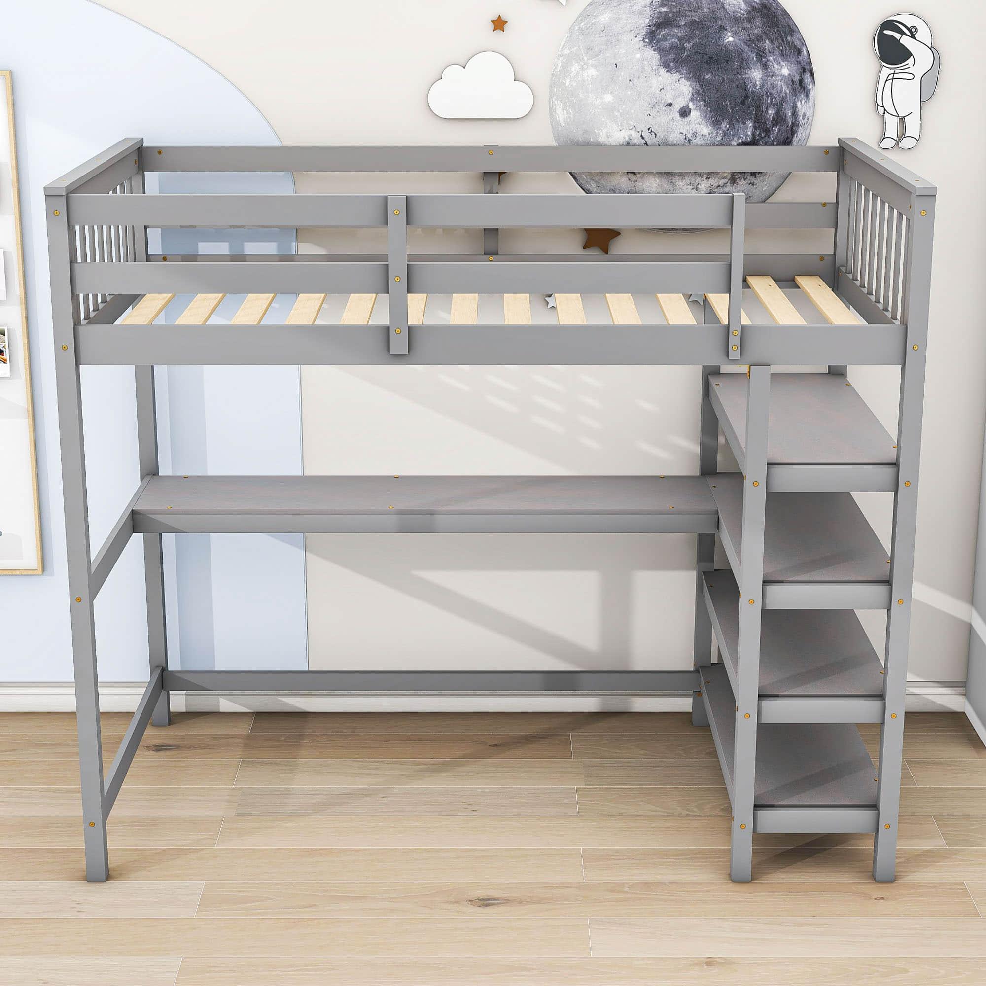 Wood Twin Loft Bed with Desk and Storage for Adults, Teens, Gamers