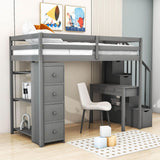 Wood Twin Loft Bed with Desk and Storage, Stairs - [Drawers, Shelves]