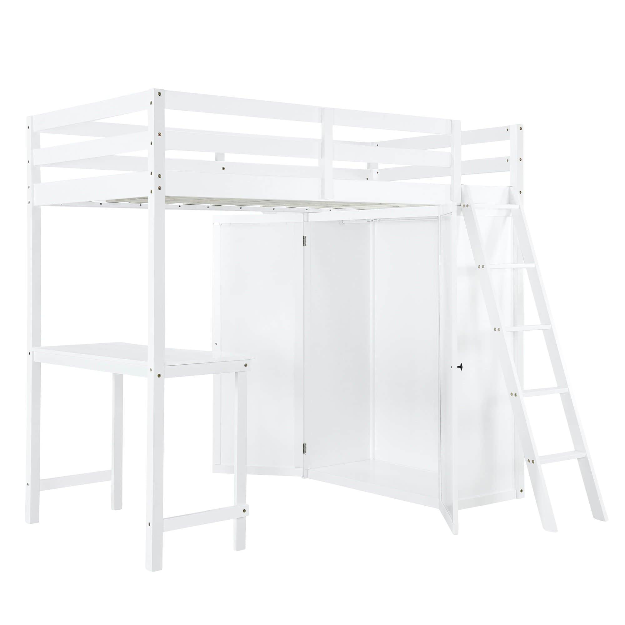 Wood Twin Loft Bed with Desk and Storage for Adults, Kids - [Wardrobe]