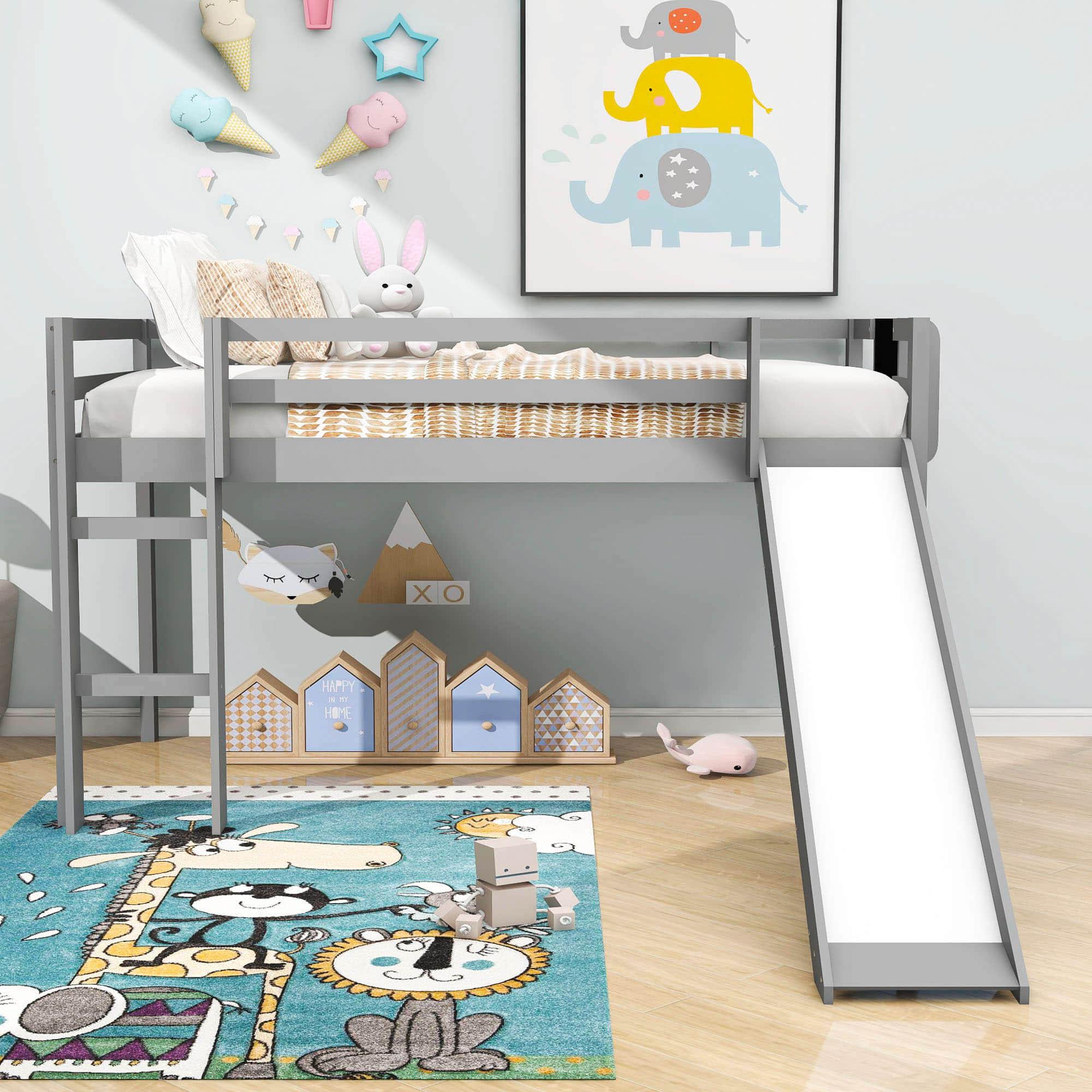 Low Twin Loft Bed with Slide and Chalkboard for Kids - [Wood, Interchangeable]