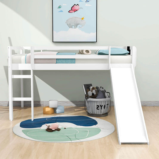 Low Twin Loft Bed with Slide and Chalkboard for Kids - [Wood, Interchangeable]