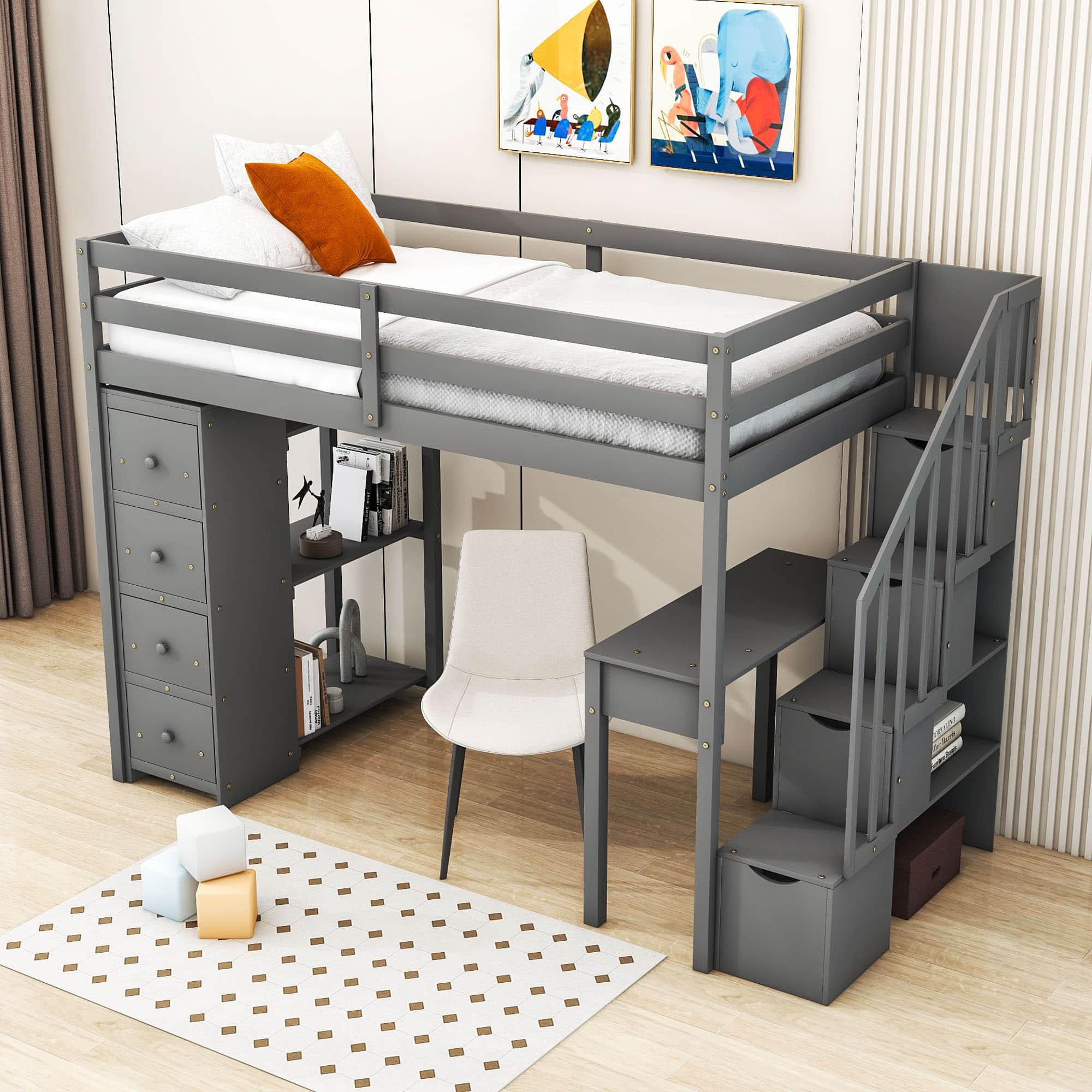 Wood Twin Loft Bed with Desk and Storage, Stairs - [Drawers, Shelves]