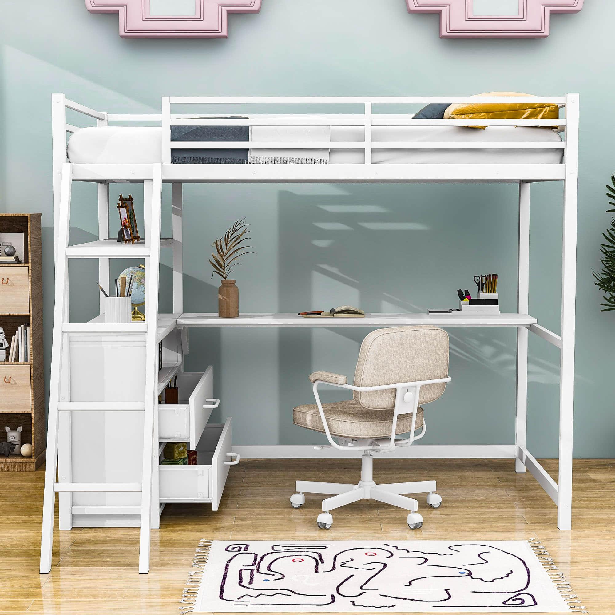 Metal Twin Size Loft Bed with Desk and Storage for College, Dorms