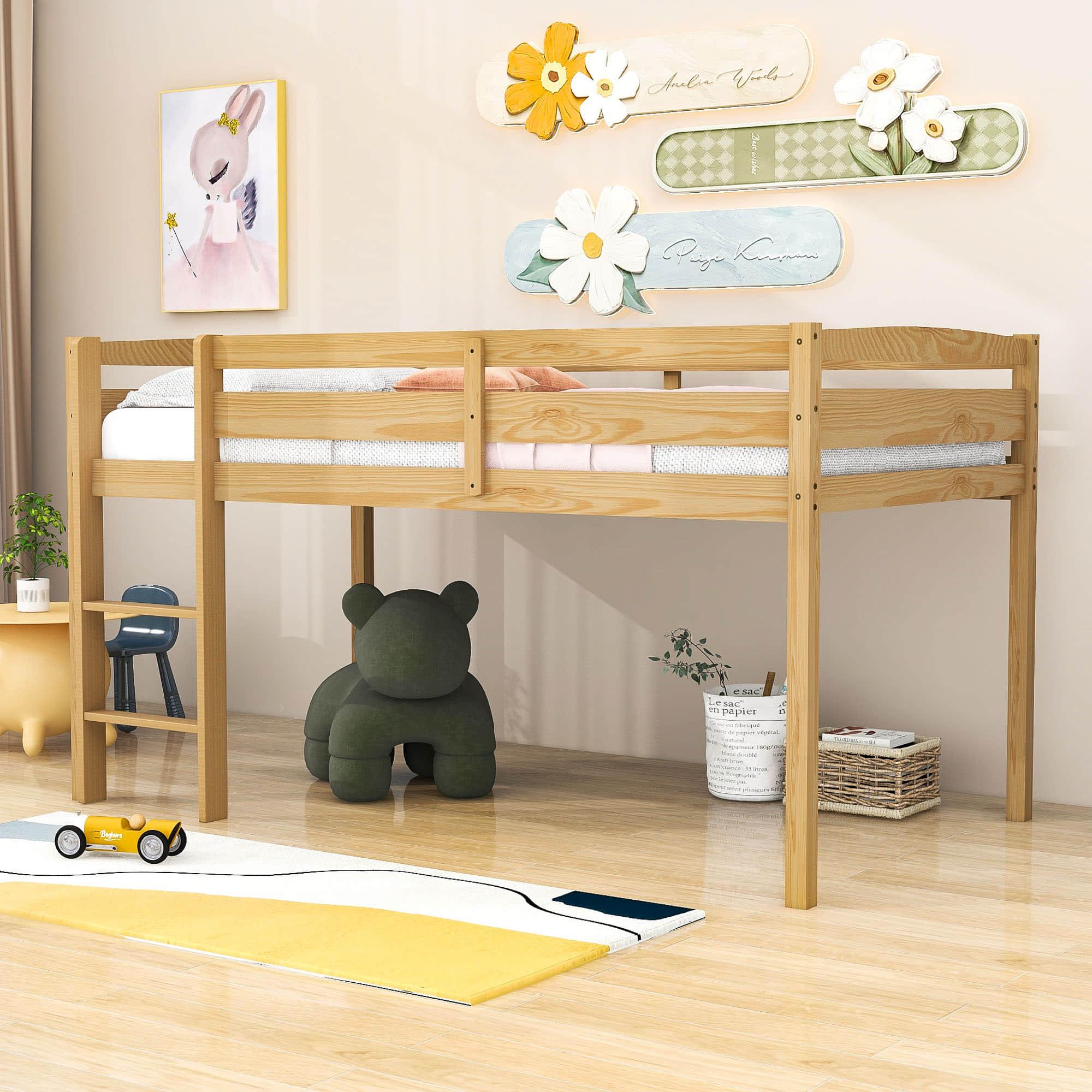 Wood Low Kids Twin Space Saving Loft Bed for Small Rooms