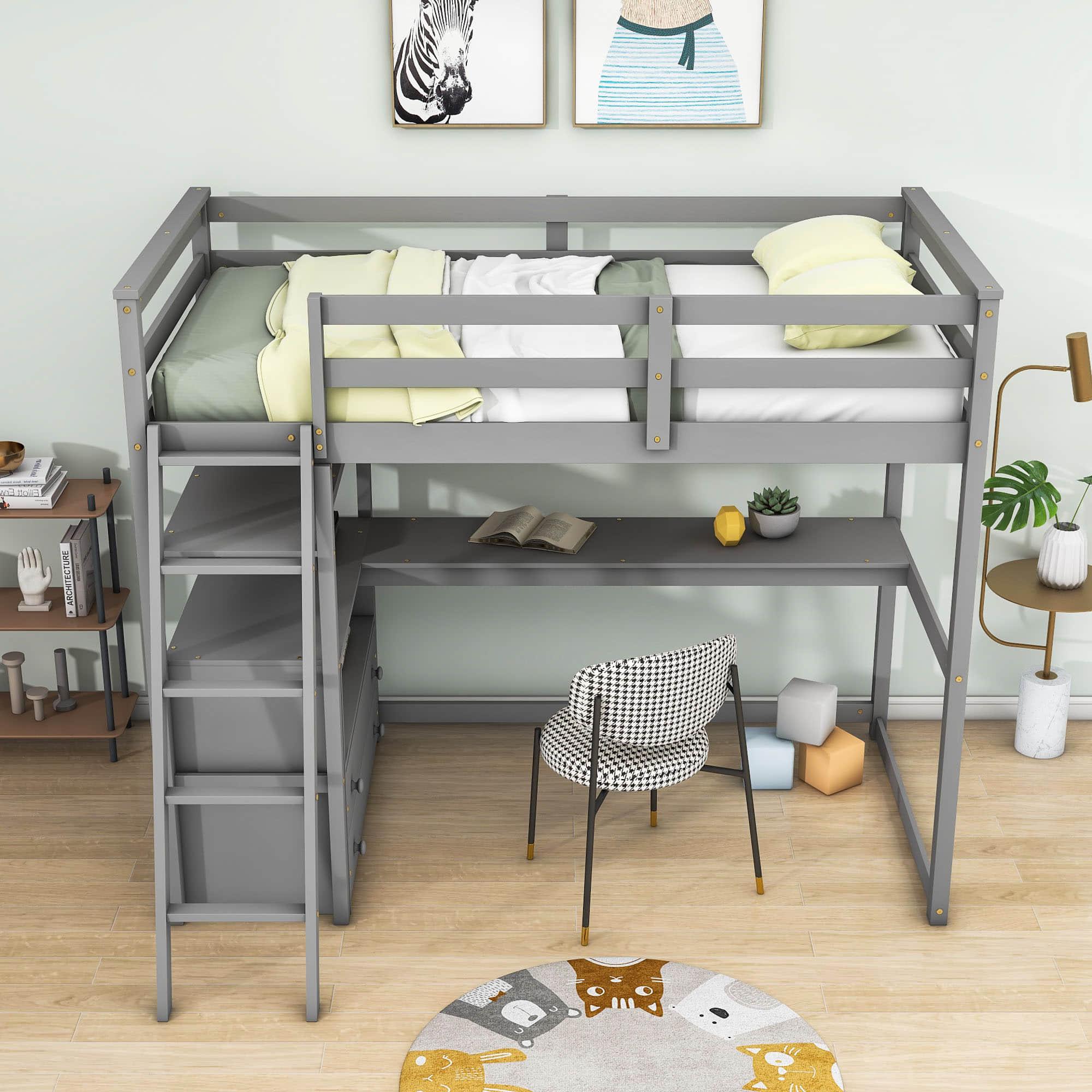 Twin Loft Bed with Desk and Storage Drawers, Shelves for Adult, Kids, Jr - [Wood]