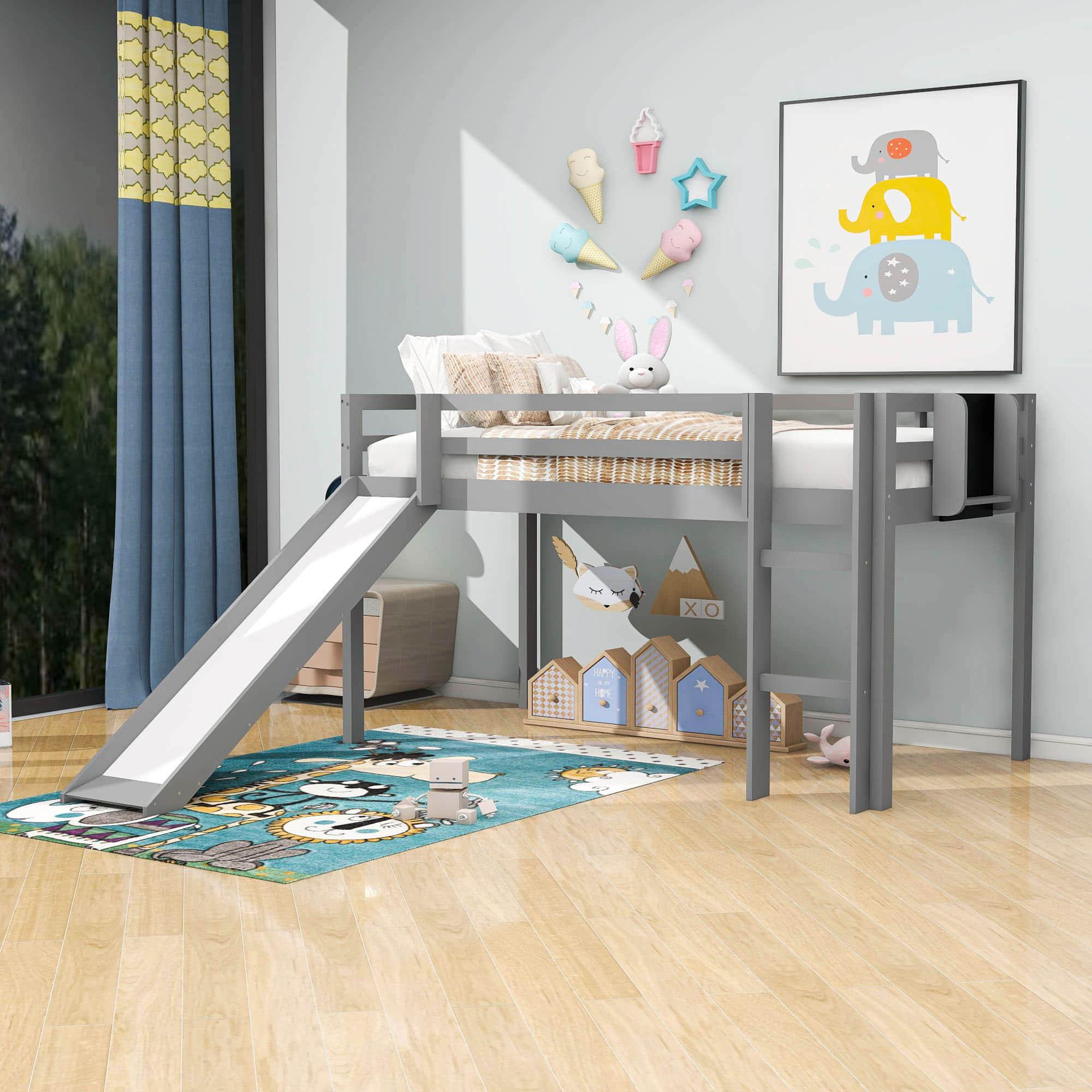 Low Twin Loft Bed with Slide and Chalkboard for Kids - [Wood, Interchangeable]