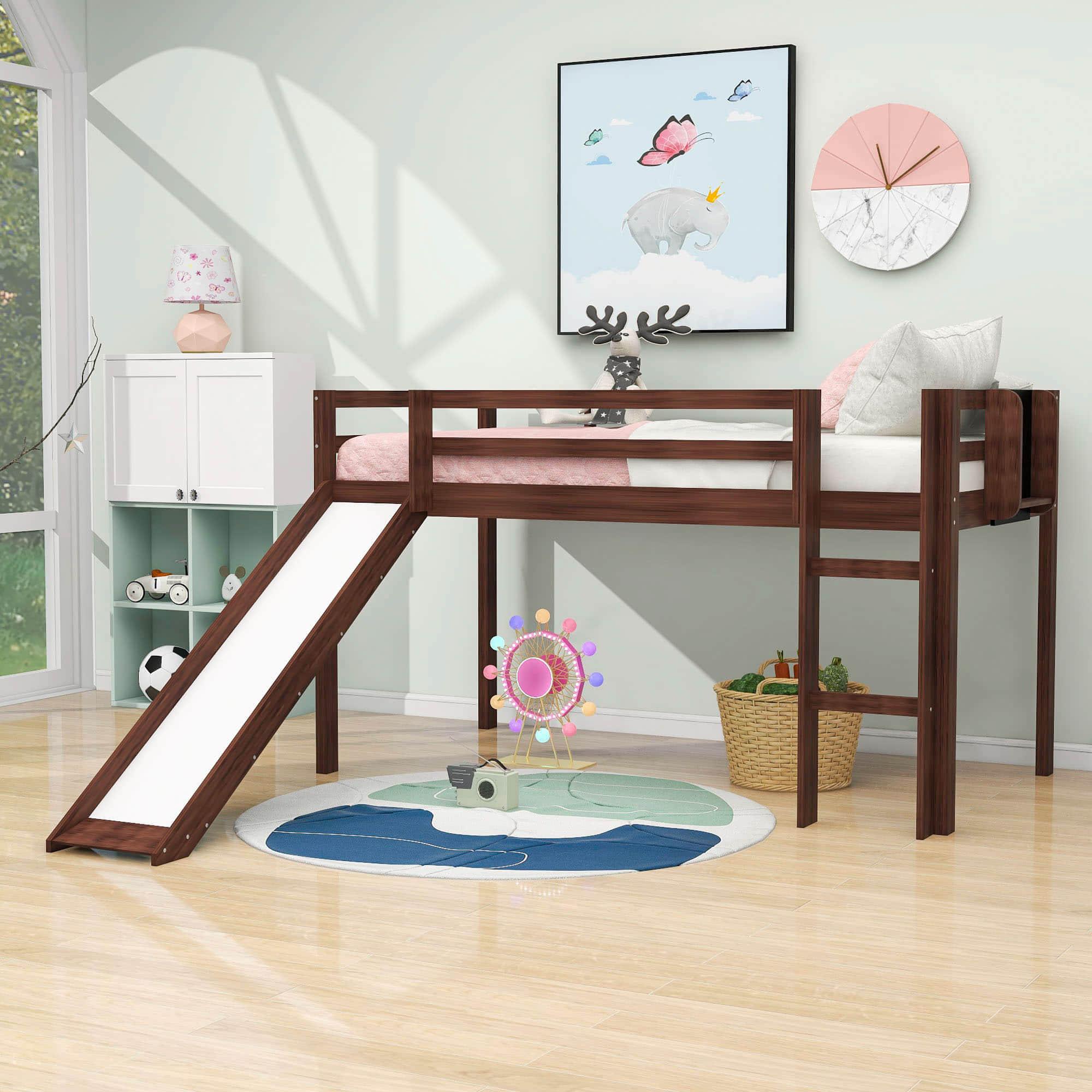 Low Twin Loft Bed with Slide and Chalkboard for Kids - [Wood, Interchangeable]