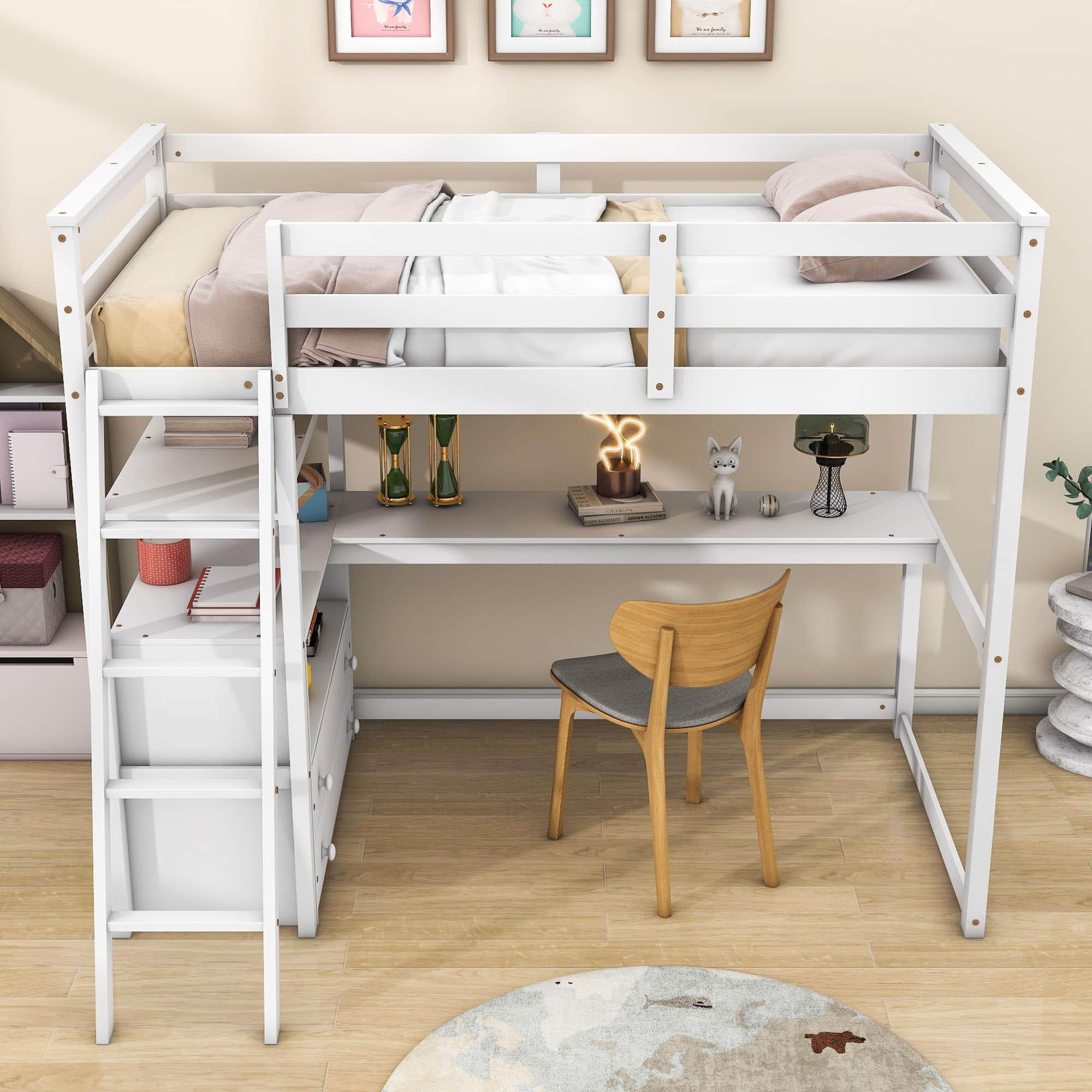 Twin Loft Bed with Desk and Storage Drawers, Shelves for Adult, Kids, Jr - [Wood]