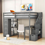 Wood Twin Loft Bed with Desk and Storage, Stairs - [Drawers, Shelves]