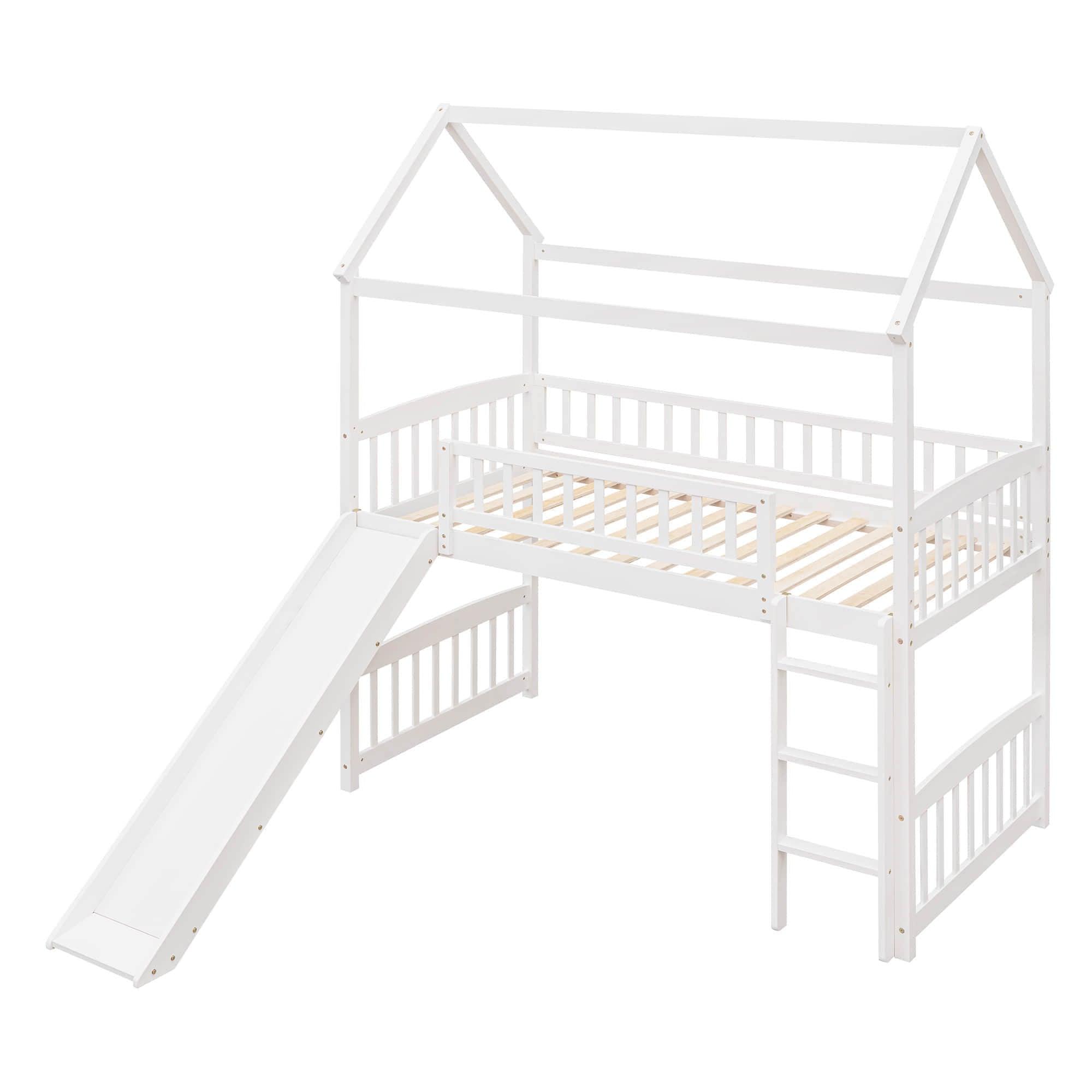 Twin Size Low House Loft Bed with Slide for Kids - [Wood]