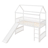 Twin Size Low House Loft Bed with Slide for Kids - [Wood]