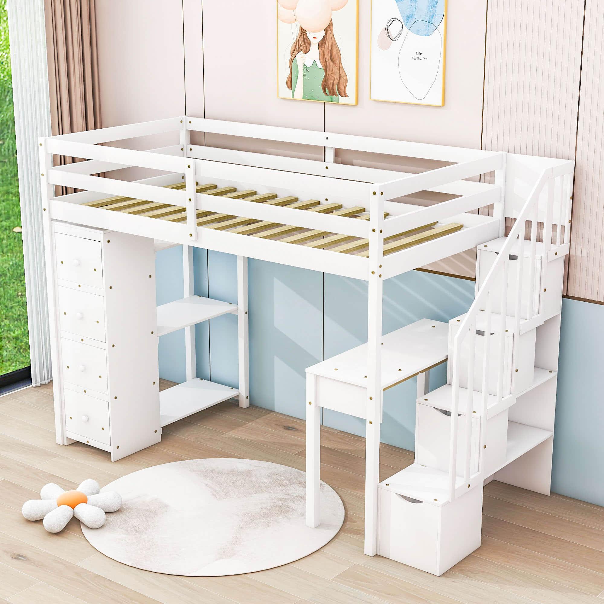 Wood Twin Loft Bed with Desk and Storage, Stairs - [Drawers, Shelves]