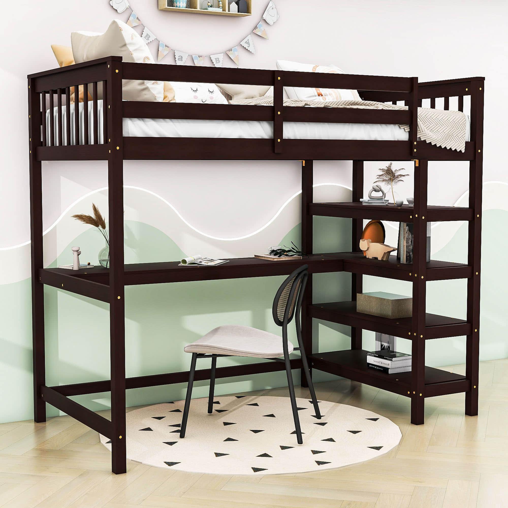 Wood Twin Loft Bed with Desk and Storage for Adults, Teens, Gamers