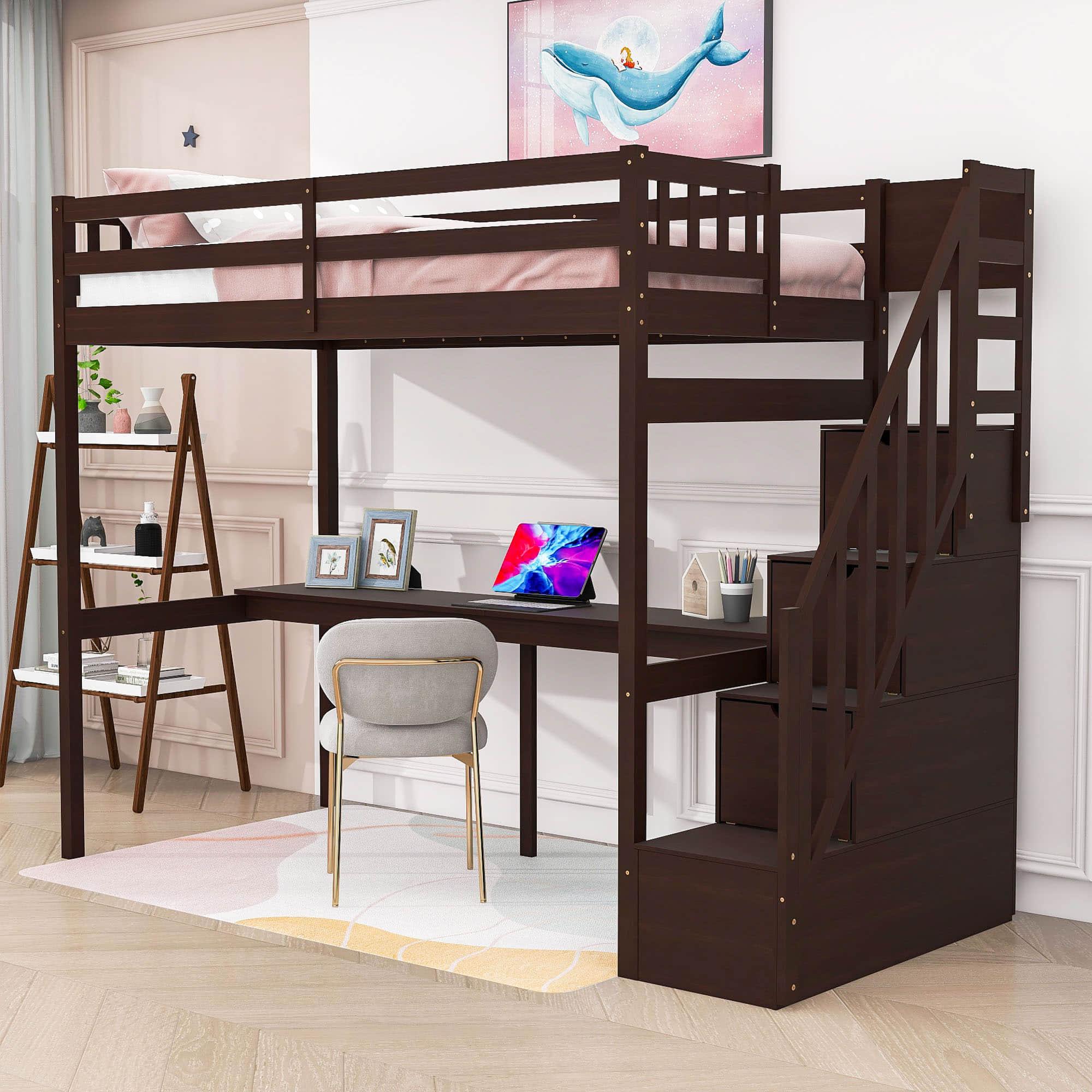 Twin Loft Bed with Desk and Storage Stairs for Adults, Kids, Teens